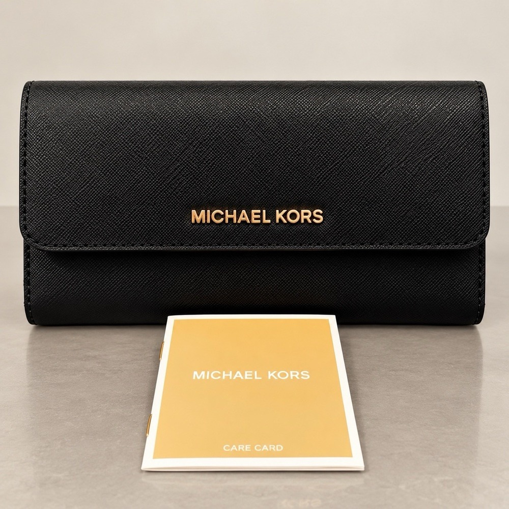 Michael Kors Jet Set Travel Lg Trifold Wallet Black Saffiano Leather Gold Logo